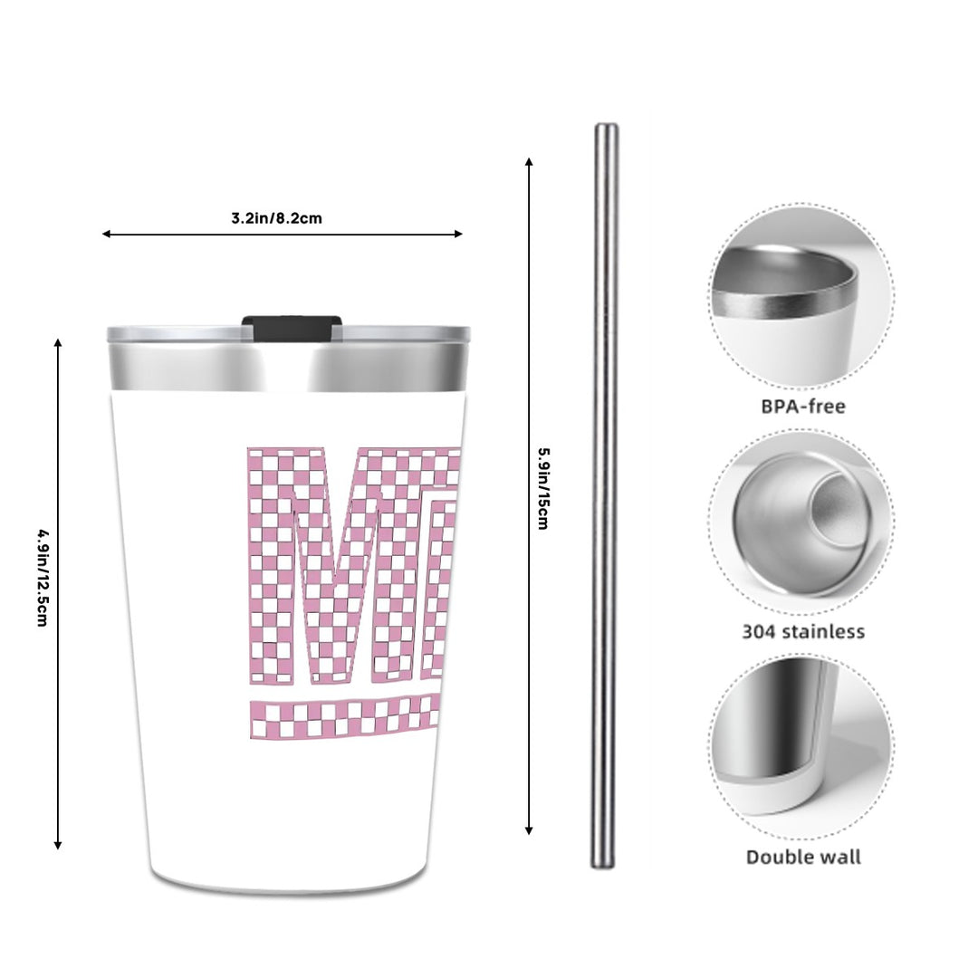 Pink Check Mini - Stainless Steel Water Bottle With Straw (12oz)