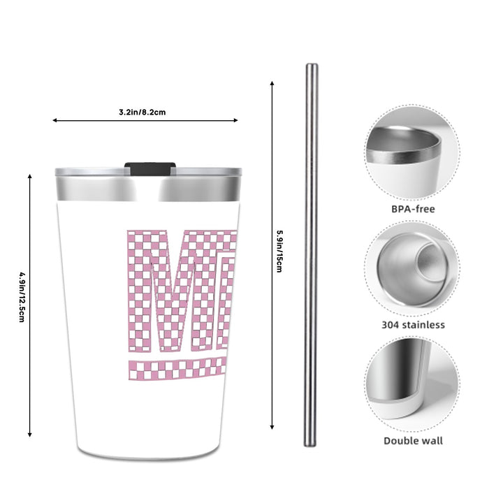 Pink Check Mini - Stainless Steel Water Bottle With Straw (12oz)