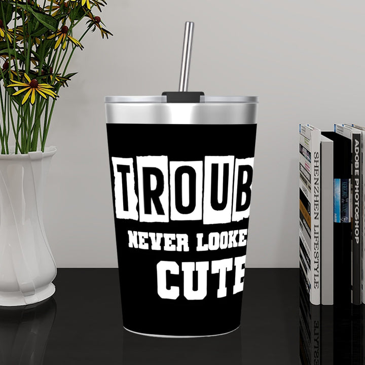 Trouble Never Looked So Cute - Stainless Steel Water Bottle With Straw (12oz)