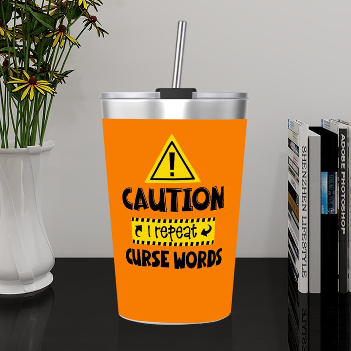 Caution - Stainless Steel Water Bottle With Straw (12oz)