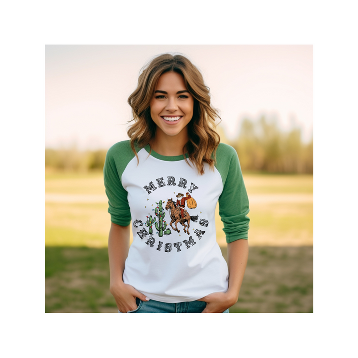 Merry Christmas Cowboy Santa -3/4 sleeve raglan shirt