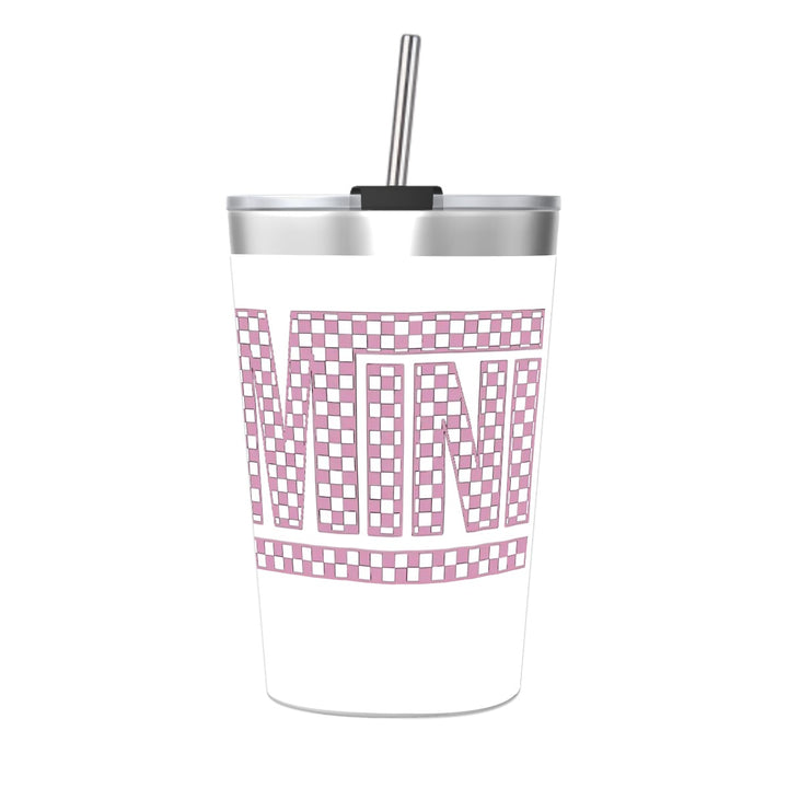 Pink Check Mini - Stainless Steel Water Bottle With Straw (12oz)