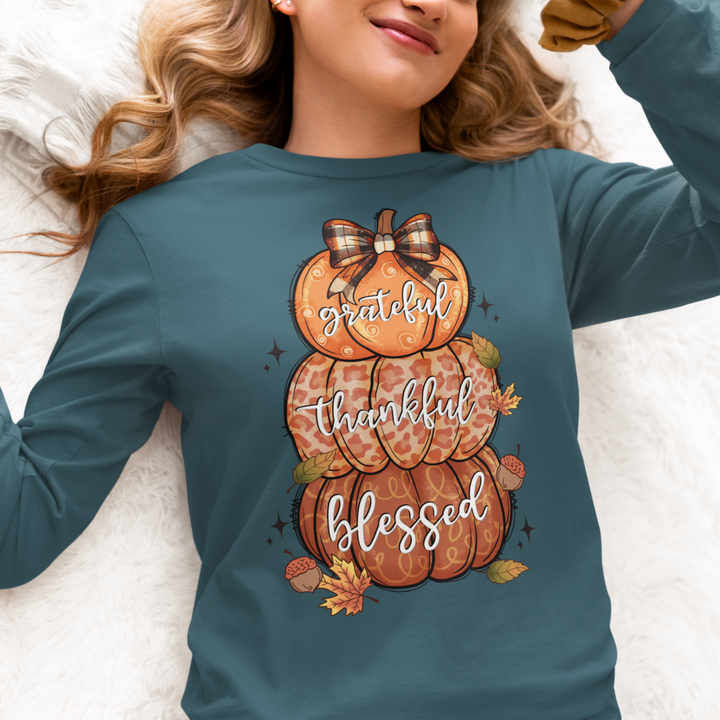 Grateful Thankful Blessed Pumpkins - Unisex Lightweight Long Sleeve Tee