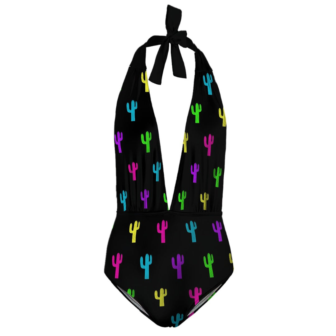 Neon Cactus - Deep V One Piece Swimsuit Women Customized Services