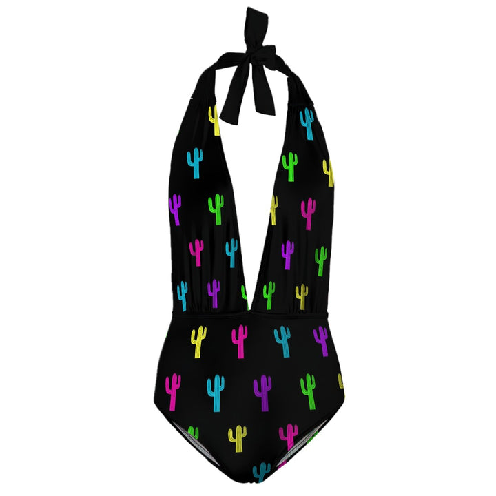 Neon Cactus - Deep V One Piece Swimsuit Women Customized Services