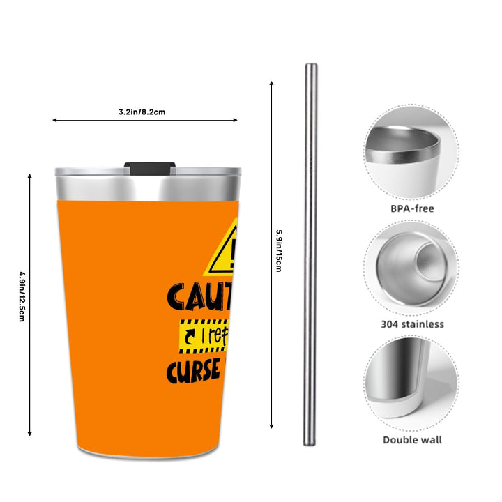 Caution - Stainless Steel Water Bottle With Straw (12oz)