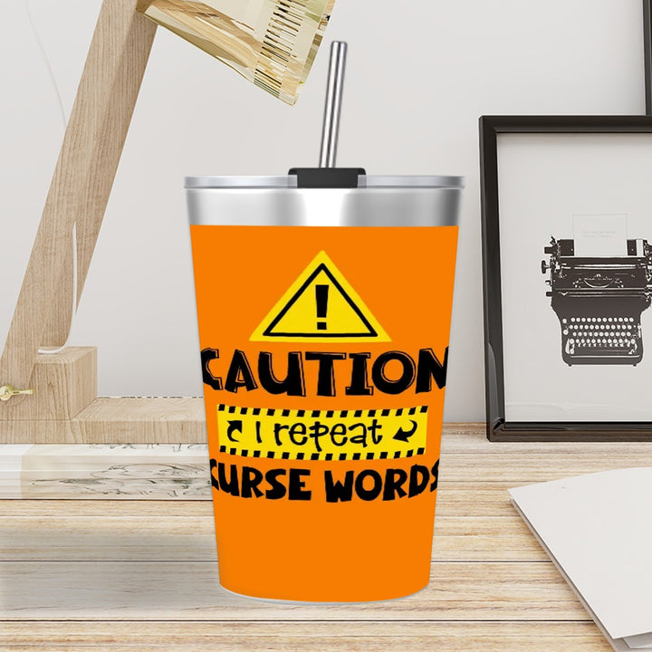 Caution - Stainless Steel Water Bottle With Straw (12oz)