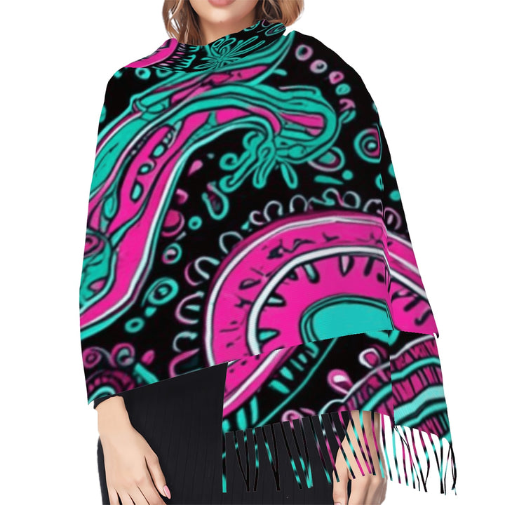 Pink And Teal - Fringed Scarf