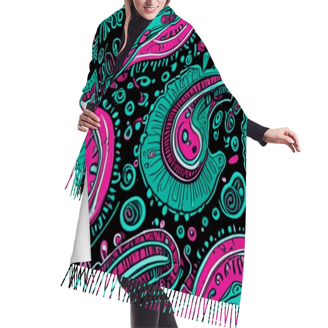 Pink And Teal - Fringed Scarf