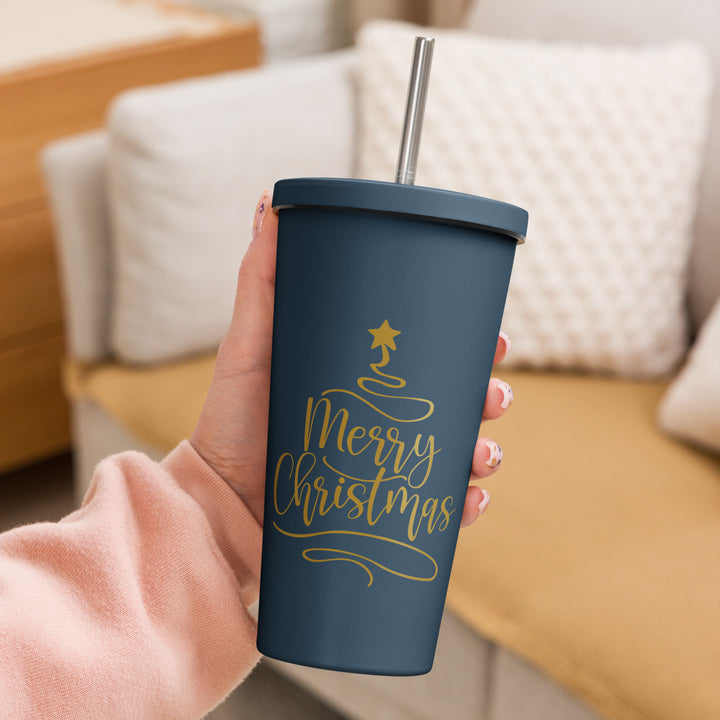 Merry Christmas Gold Tree - Insulated tumbler with a straw