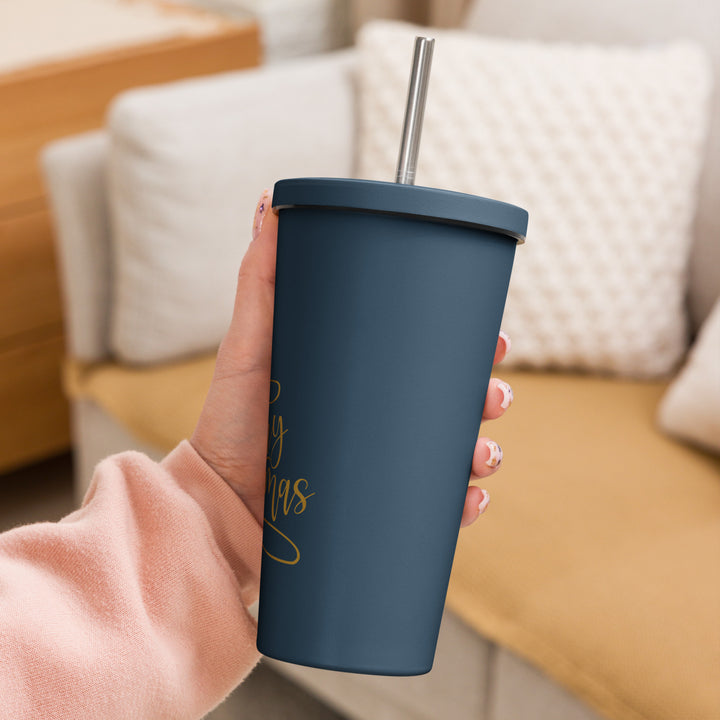 Merry Christmas Gold Tree - Insulated tumbler with a straw