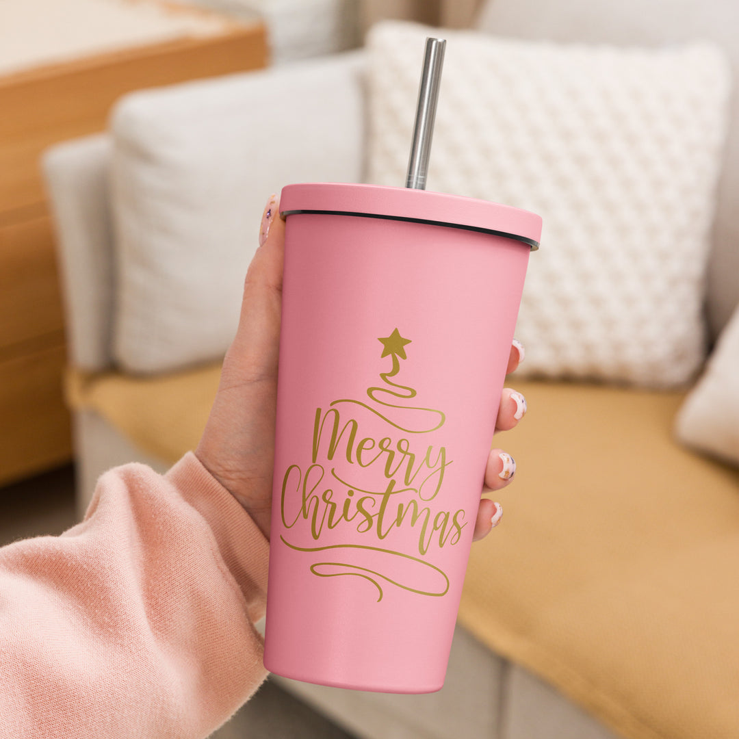 Merry Christmas Gold Tree - Insulated tumbler with a straw