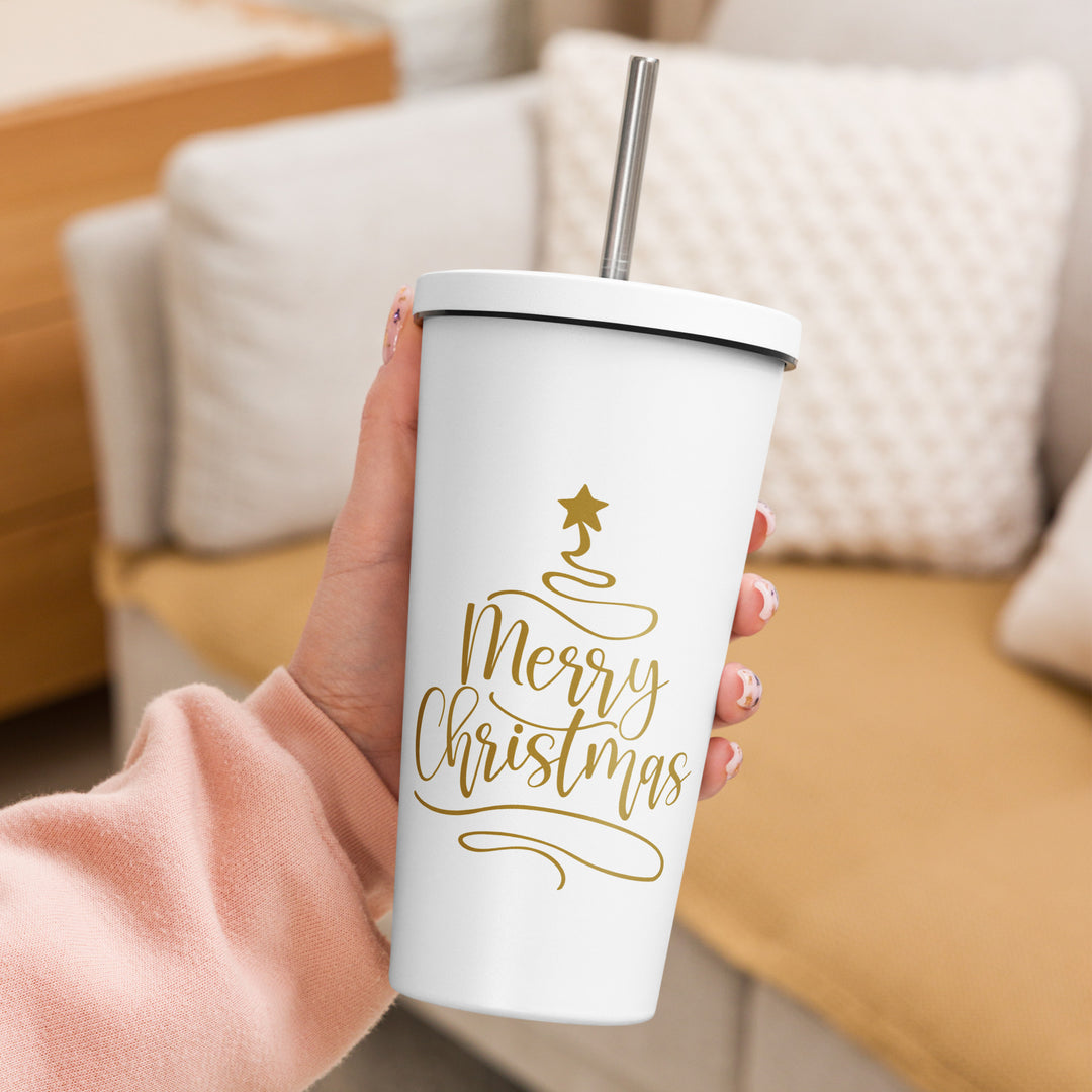 Merry Christmas Gold Tree - Insulated tumbler with a straw