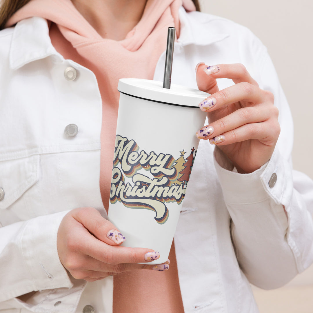Retro Merry Christmas - Insulated tumbler with a straw