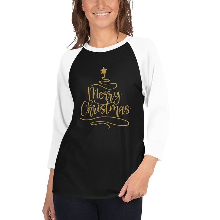 Merry Christmas Gold Tree - 3/4 sleeve raglan shirt