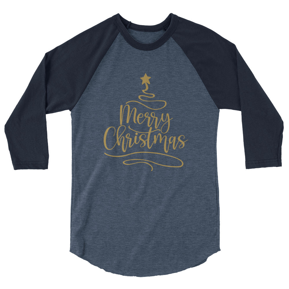 Merry Christmas Gold Tree - 3/4 sleeve raglan shirt