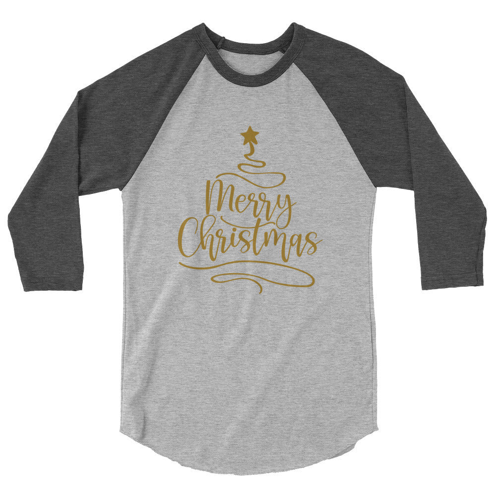 Merry Christmas Gold Tree - 3/4 sleeve raglan shirt