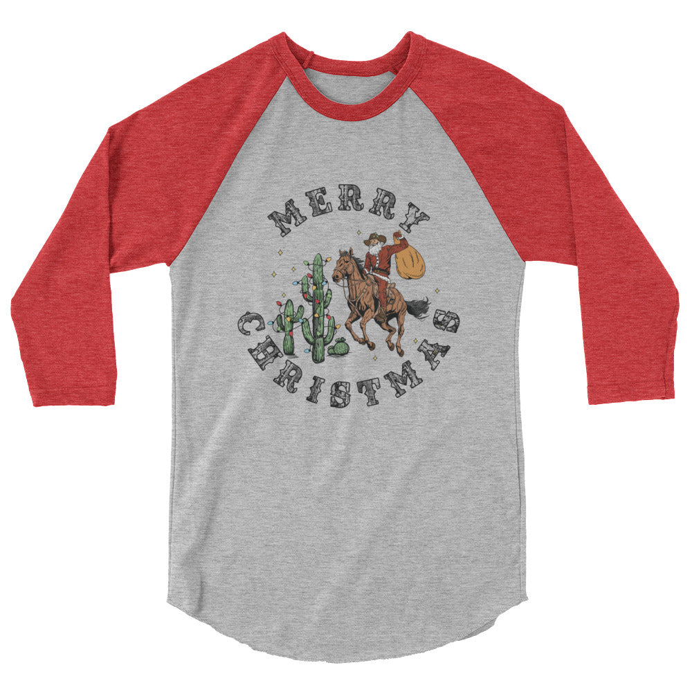 Merry Christmas Cowboy Santa -3/4 sleeve raglan shirt