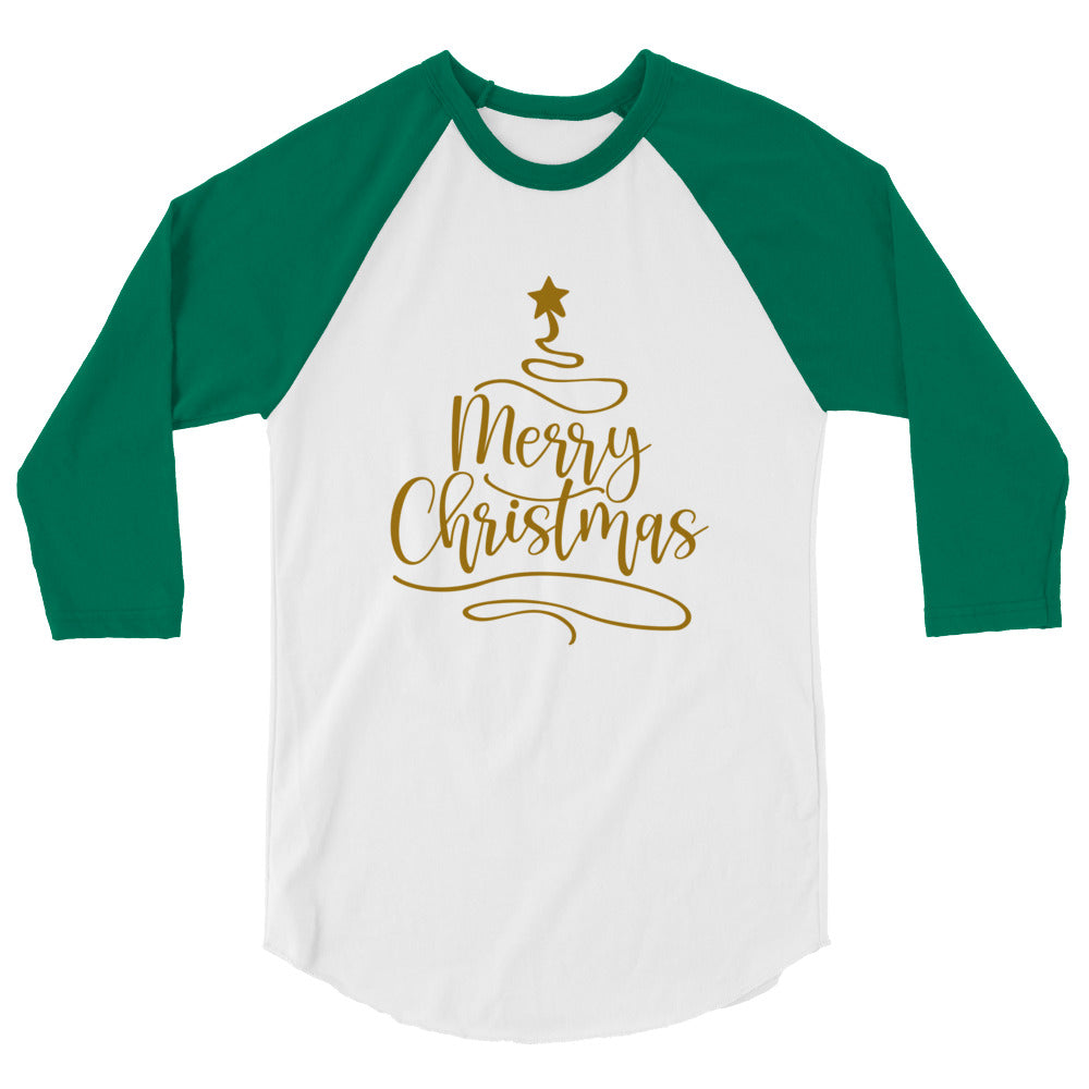Merry Christmas Gold Tree - 3/4 sleeve raglan shirt