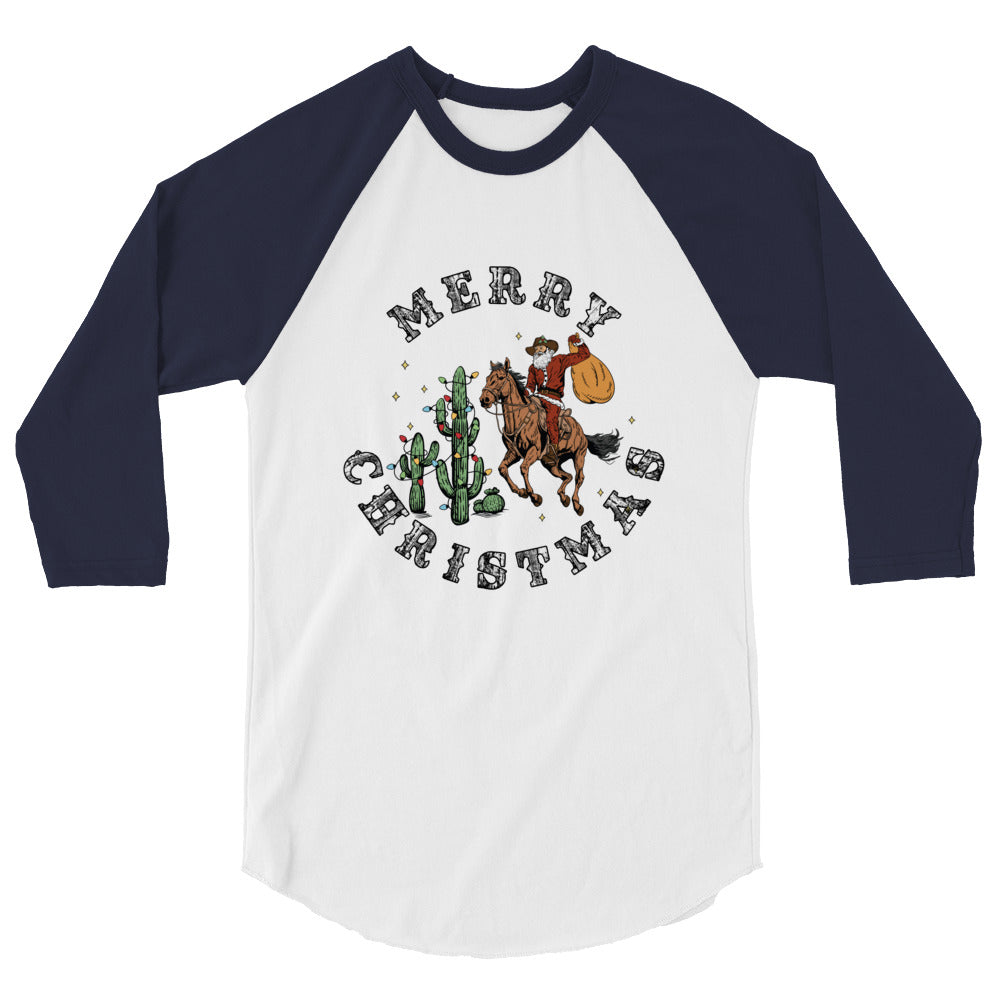 Merry Christmas Cowboy Santa -3/4 sleeve raglan shirt