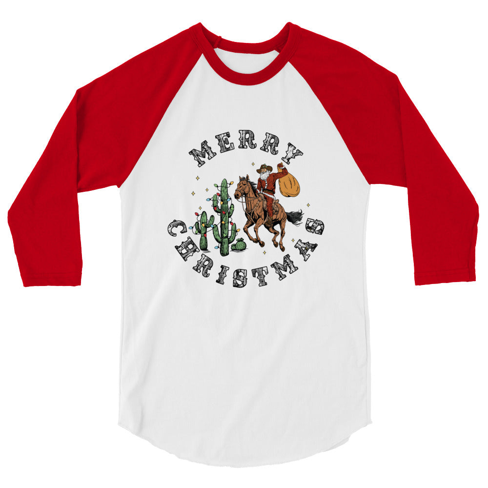 Merry Christmas Cowboy Santa -3/4 sleeve raglan shirt